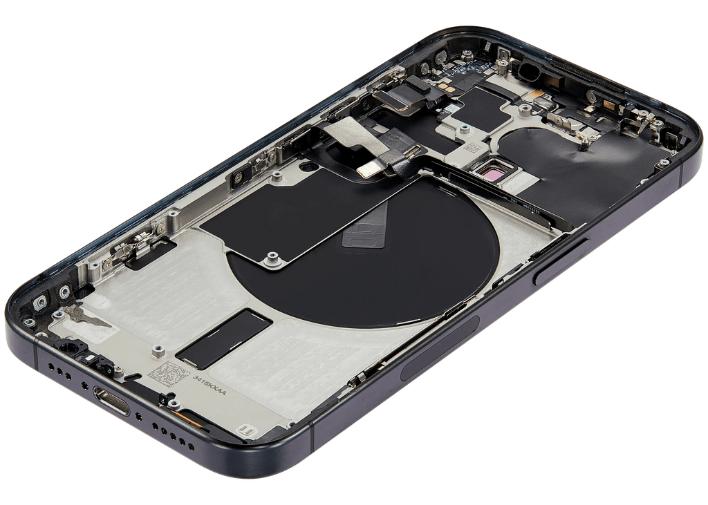 Backcover/Rahmen mit Small Parts für iPhone 15 Pro (US-Version) (gebrauchter OEM-Ausbau, Qualität B) (Schwarz Titanium)