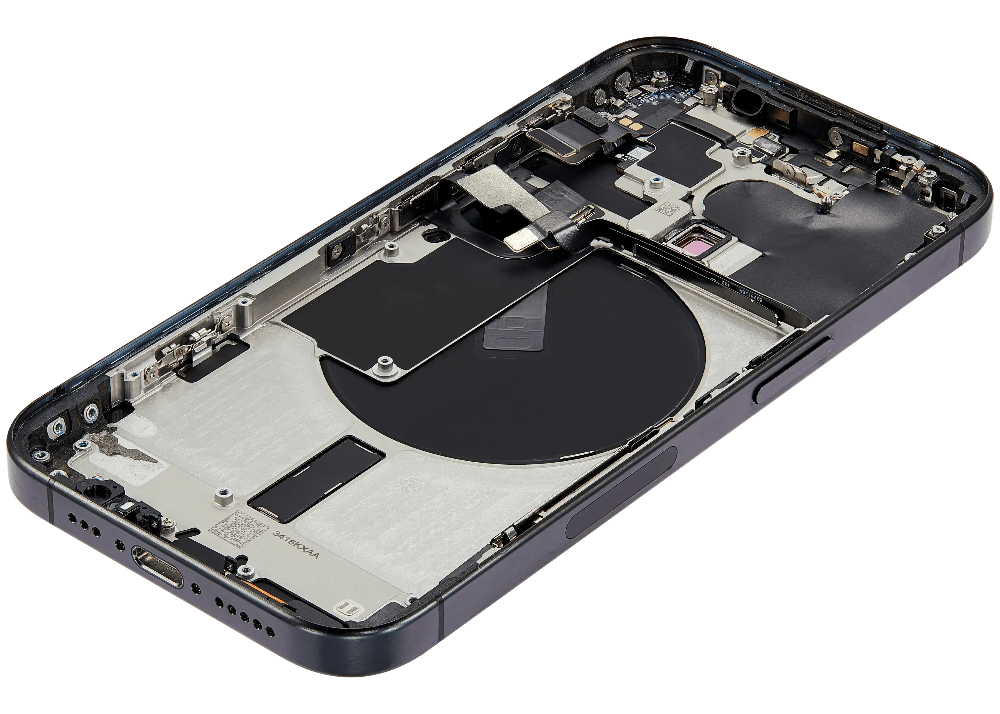 Backcover/Rahmen mit Small Parts für iPhone 15 Pro (US-Version) (gebrauchter OEM-Ausbau, Qualität B) (Schwarz Titanium)