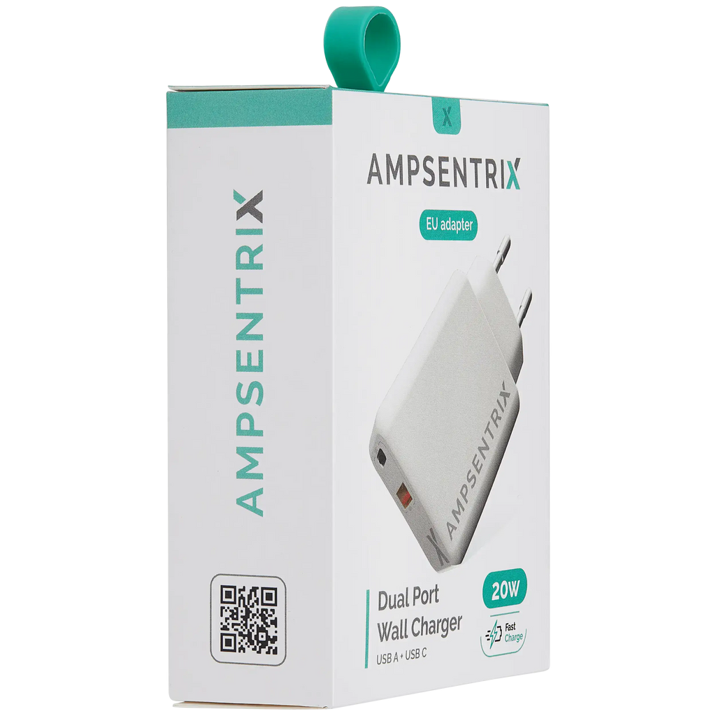 AmpSentrix 2-Port 20W USB Type C and USB Type A Wall Adapter (220V Euro)