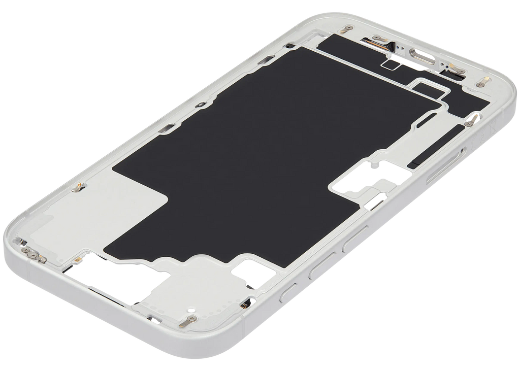 Midframe/Rahmen mit Small Parts für iPhone 16 (EU / Global Version) (gebrauchter OEM-Ausbau, Qualität B) (Weiß)