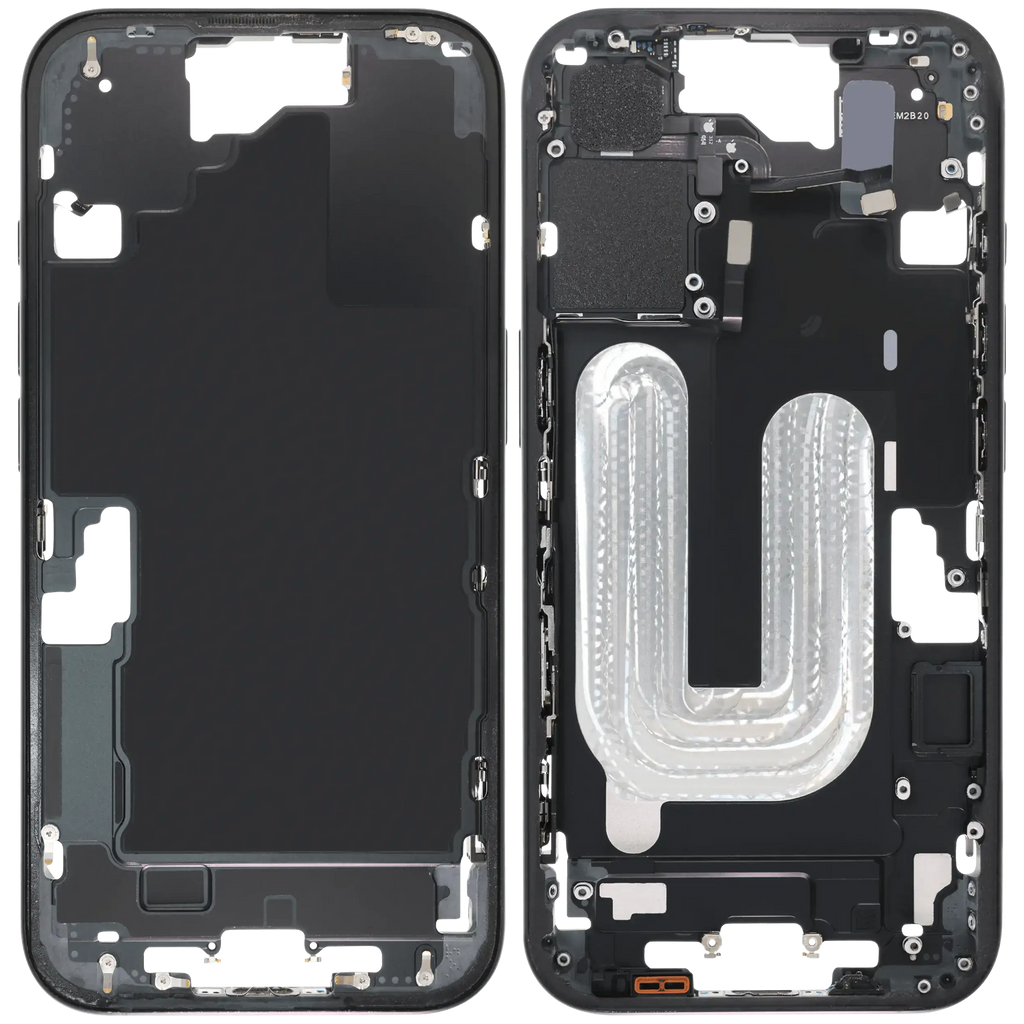 Midframe/Rahmen mit Small Parts für iPhone 16 (EU / Global Version) (gebrauchter OEM-Ausbau, Qualität C) (Schwarz)