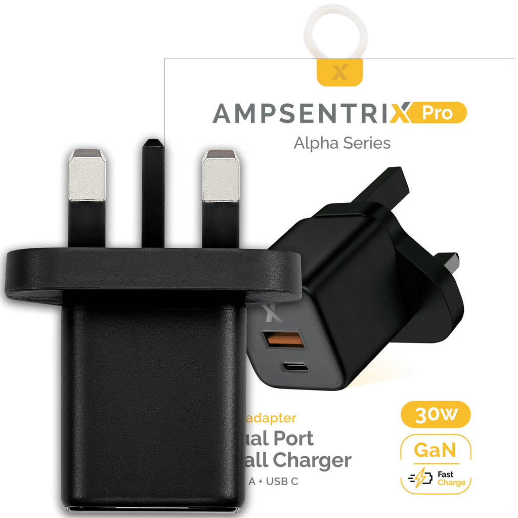 AmpSentrix 30W 2-in-1 USB-C / USB-A Wall Adapter (220V / UK Plug) (Schwarz Titanium)