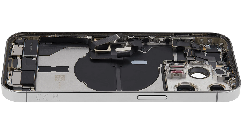 Backcover/Rahmen mit Ladebuchse Flex & Small Parts für iPhone 14 Pro (EU / Global Version) (gebrauchter OEM-Ausbau, Qualität B) (Silber)