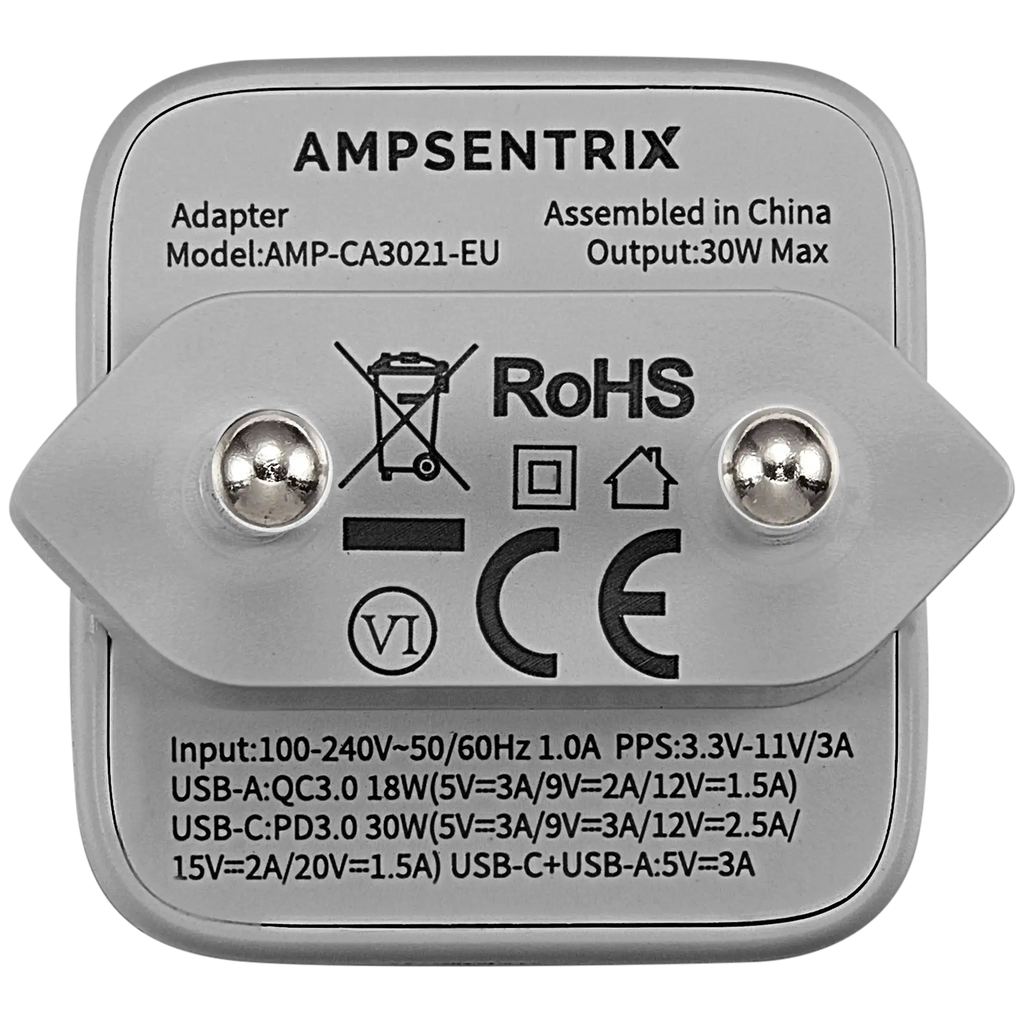 AmpSentrix Pro 30W 2-in-1 USB-C / USB-A GaN Wall Adapter (220V / EU Plug) (Natural Titanium)