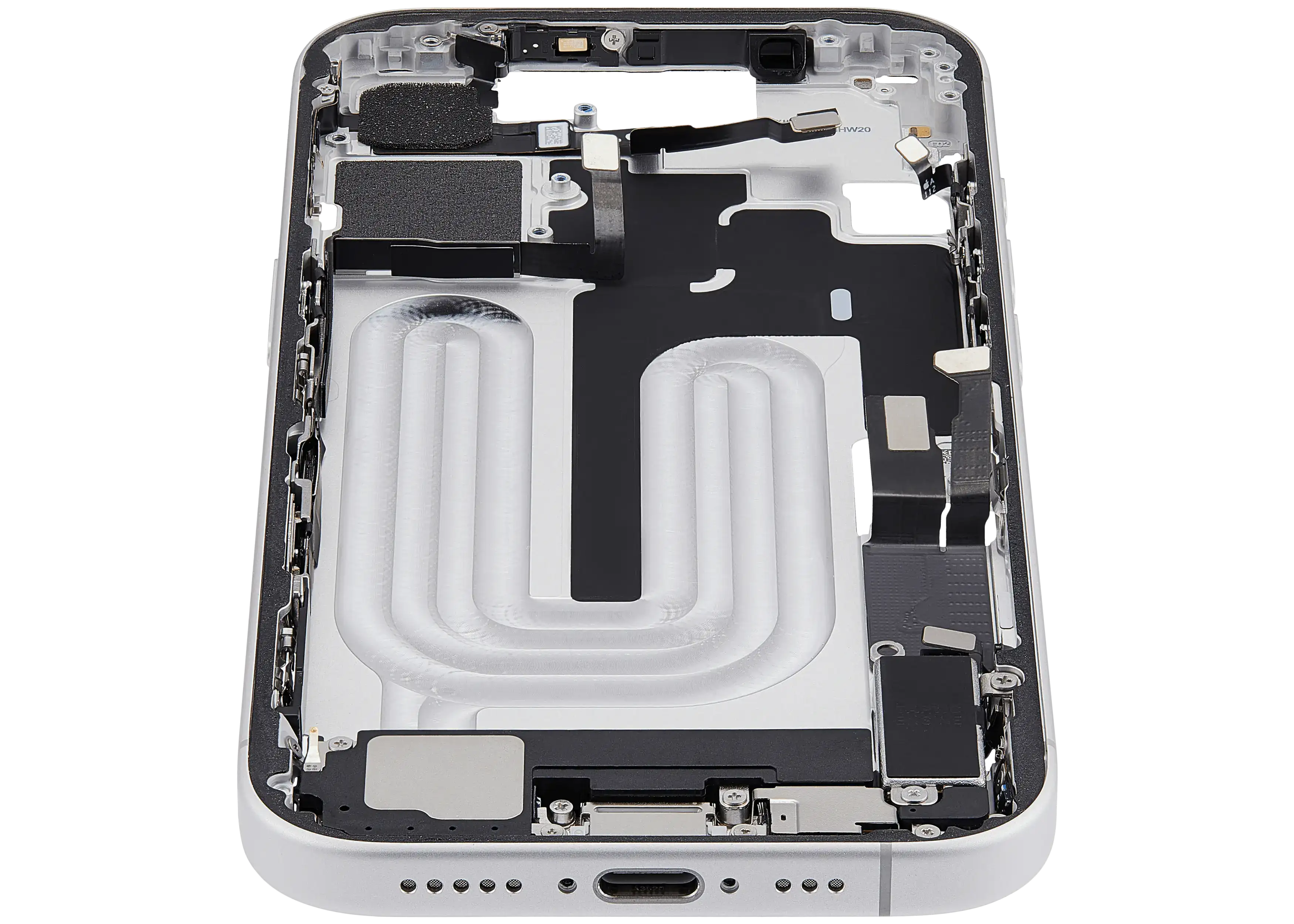Midframe/Rahmen mit Ladebuchse Flex & Small Parts für iPhone 17 (EU / Global Version) (gebrauchter OEM-Ausbau, Qualität C) (Weiß)