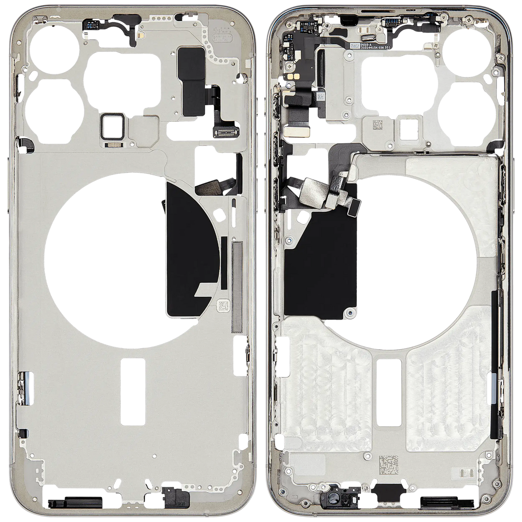 Midframe/Rahmen mit Small Parts für iPhone 15 Pro Max (EU / Global Version) (gebrauchter OEM-Ausbau, Qualität C) (Weiß Titanium)