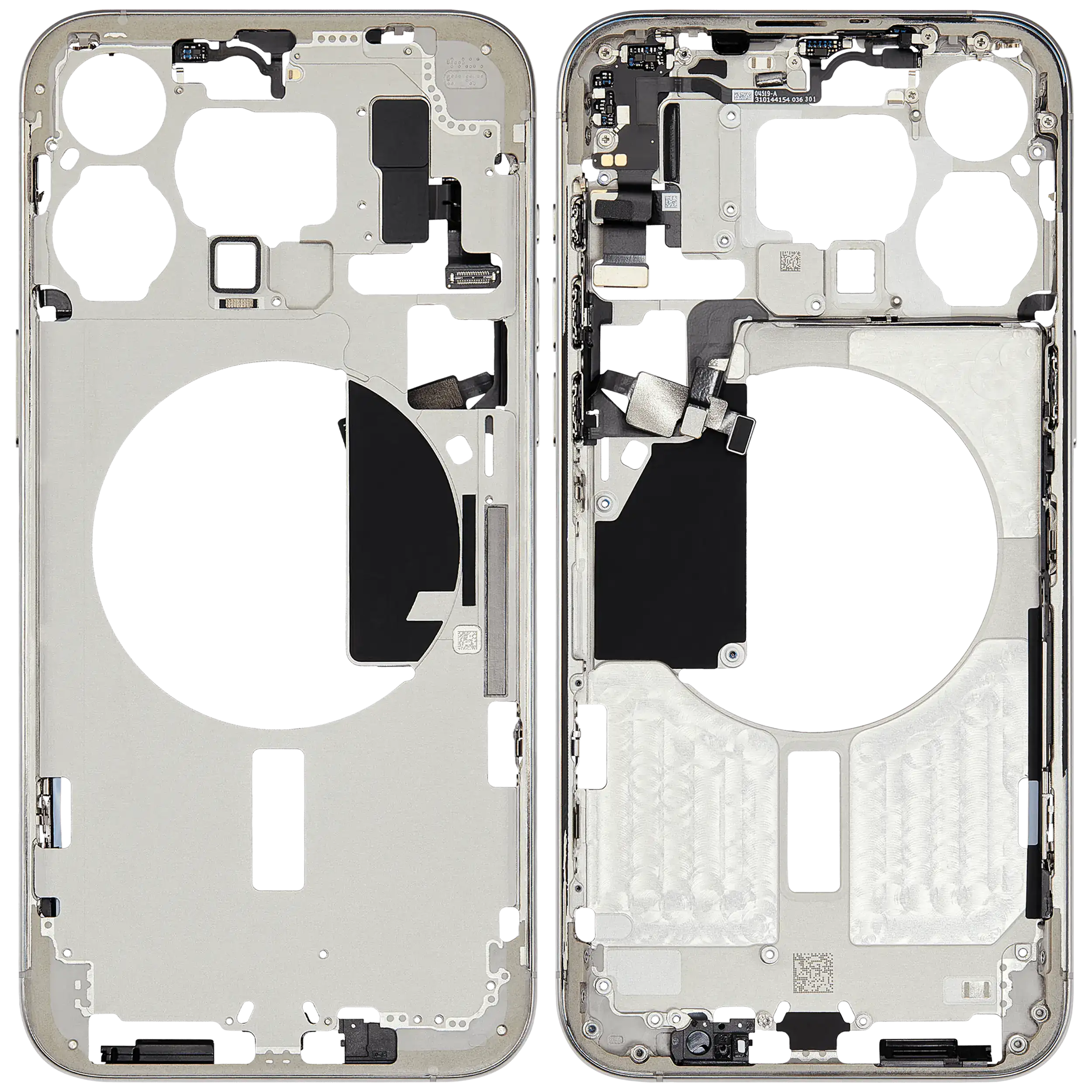 Midframe/Rahmen mit Small Parts für iPhone 15 Pro Max (EU / Global Version) (gebrauchter OEM-Ausbau, Qualität C) (Weiß Titanium)