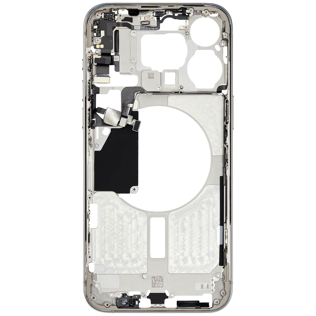 Midframe/Rahmen mit Small Parts für iPhone 15 Pro Max (EU / Global Version) (gebrauchter OEM-Ausbau, Qualität C) (Weiß Titanium)