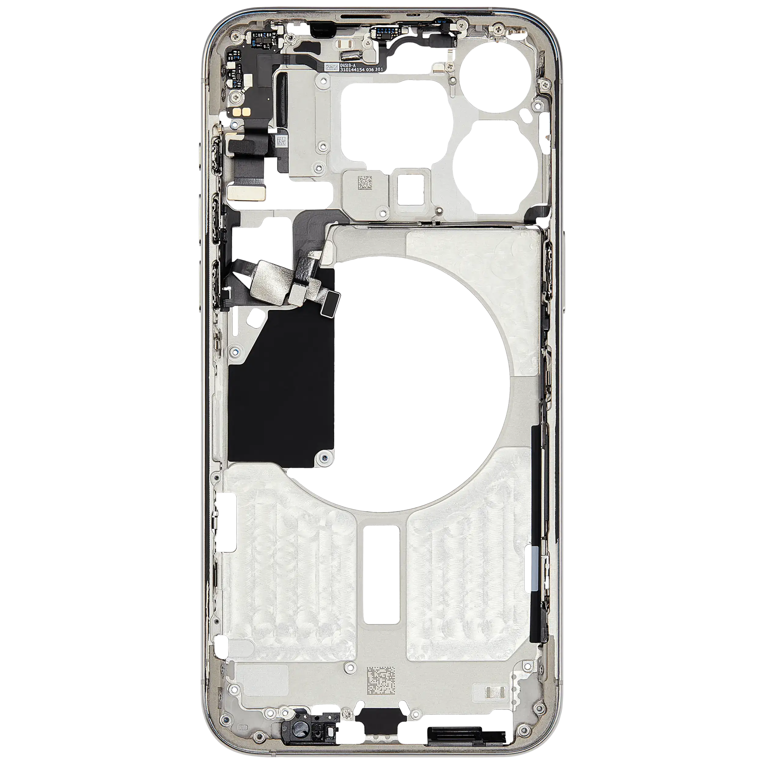 Midframe/Rahmen mit Small Parts für iPhone 15 Pro Max (EU / Global Version) (gebrauchter OEM-Ausbau, Qualität C) (Weiß Titanium)