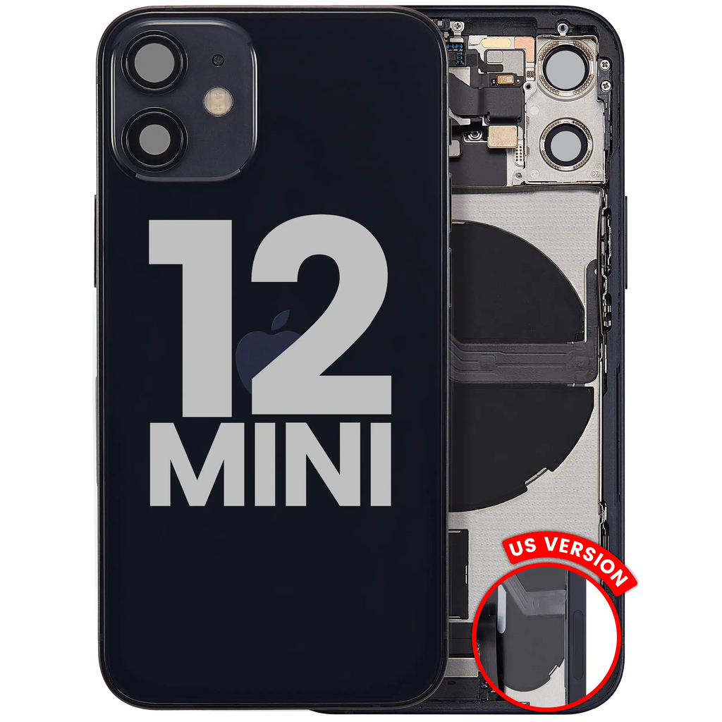 Back Cover/Frame with Charging Port Flex and Small Parts for iPhone 12 Mini (US Version) – Used OEM Pulled, Grade C (Black)