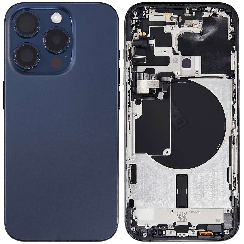 Backcover/Rahmen mit Small Parts für iPhone 15 Pro (US-Version) (gebrauchter OEM-Ausbau, Qualität B) (Blau Titanium)