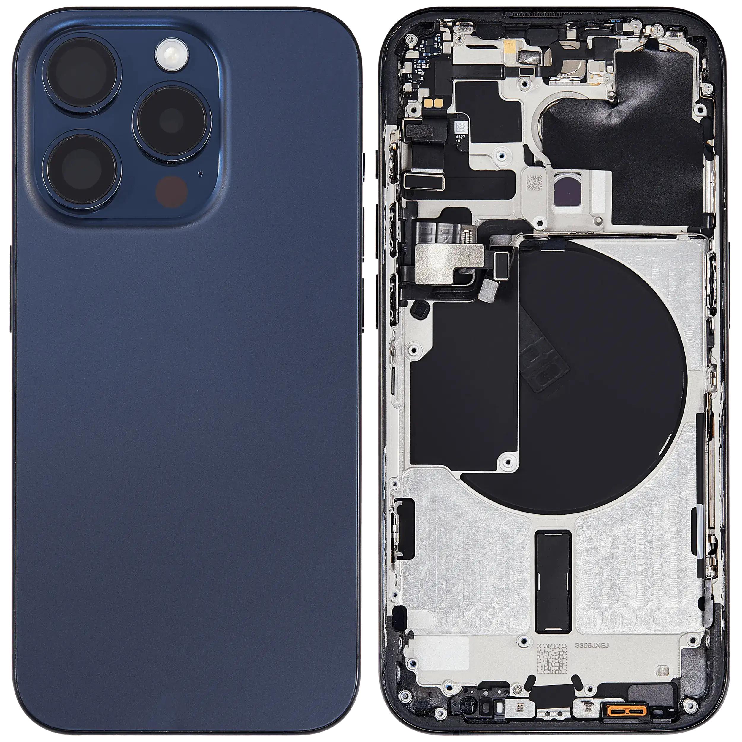 Backcover/Rahmen mit Small Parts für iPhone 15 Pro (US-Version) (gebrauchter OEM-Ausbau, Qualität B) (Blau Titanium)