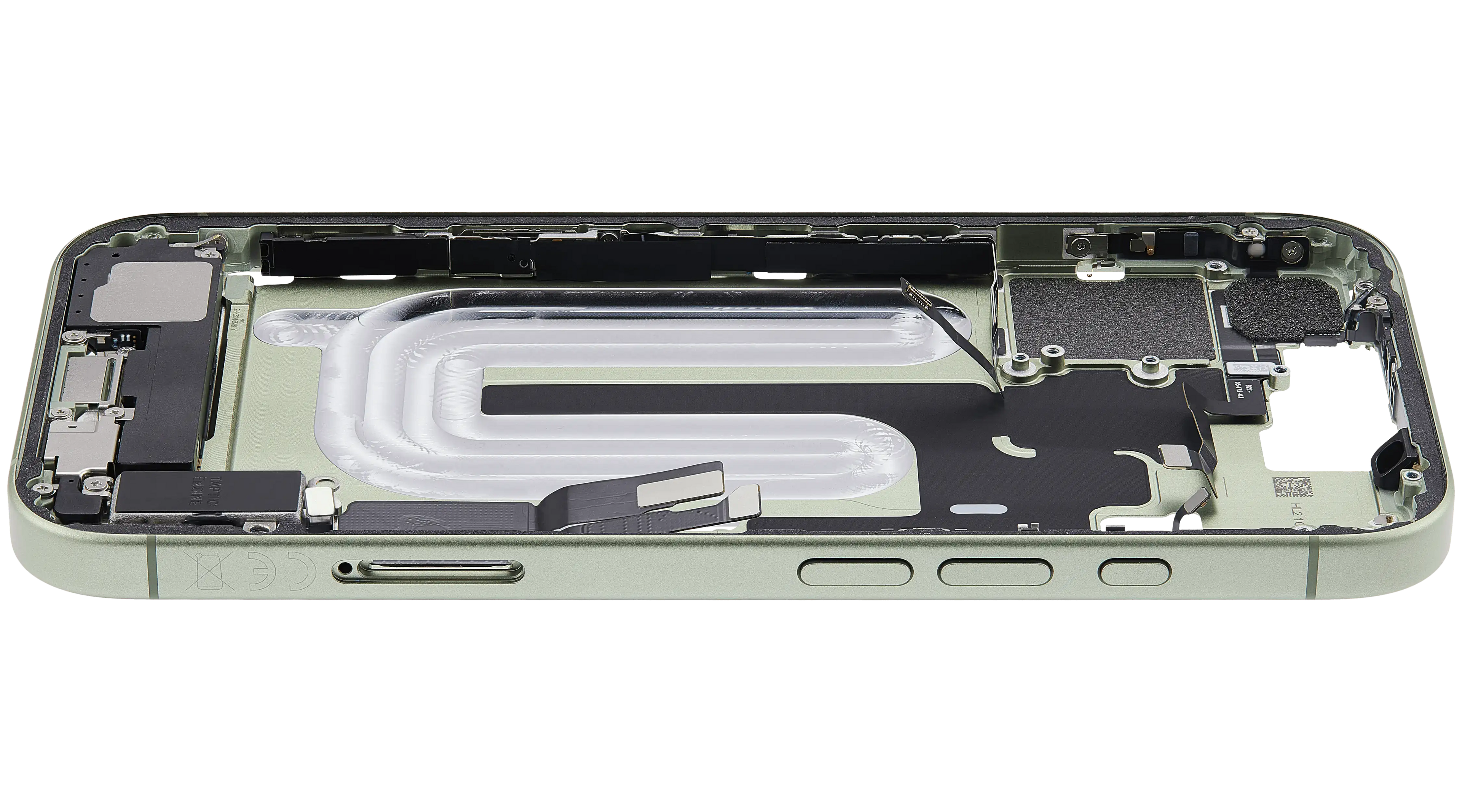 Midframe/Rahmen mit Ladebuchse Flex & Small Parts für iPhone 17 (EU / Global Version) (gebrauchter OEM-Ausbau, Qualität A) (Sage)
