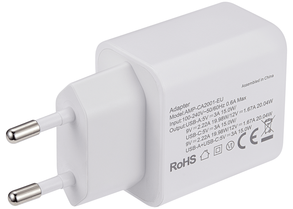 AmpSentrix 2-Port 20W USB Type C and USB Type A Wall Adapter (220V Euro)