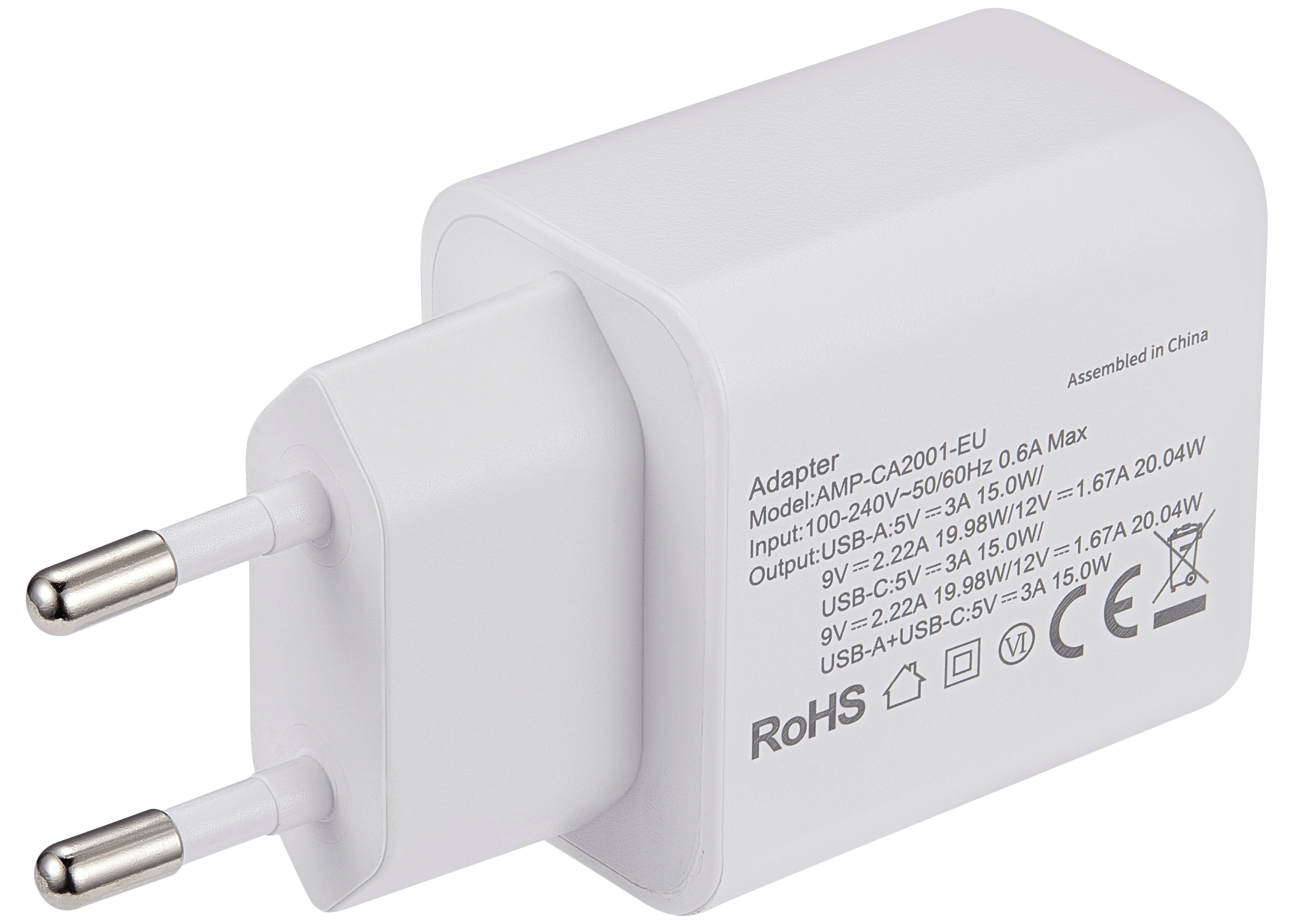 AmpSentrix 2-Port 20W USB Type C and USB Type A Wall Adapter (220V Euro)