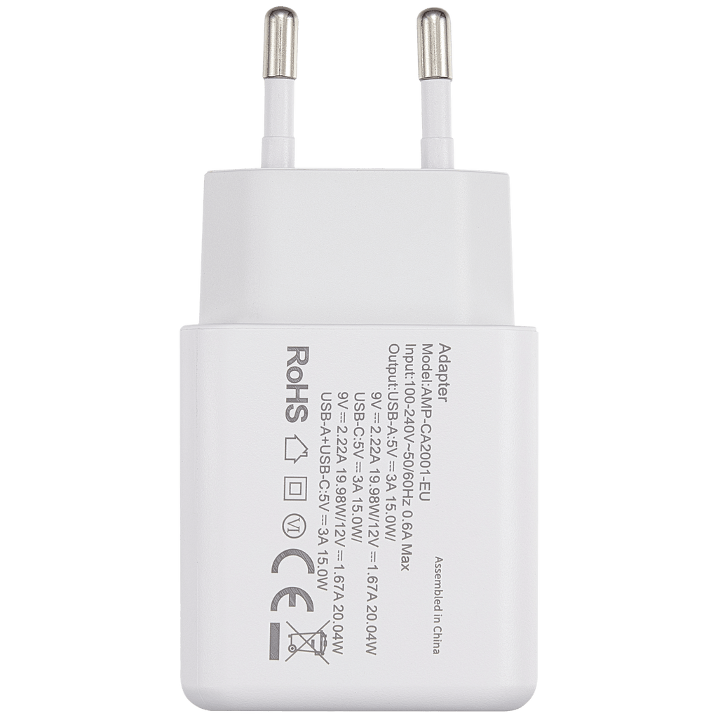 AmpSentrix 2-Port 20W USB Type C and USB Type A Wall Adapter (220V Euro)