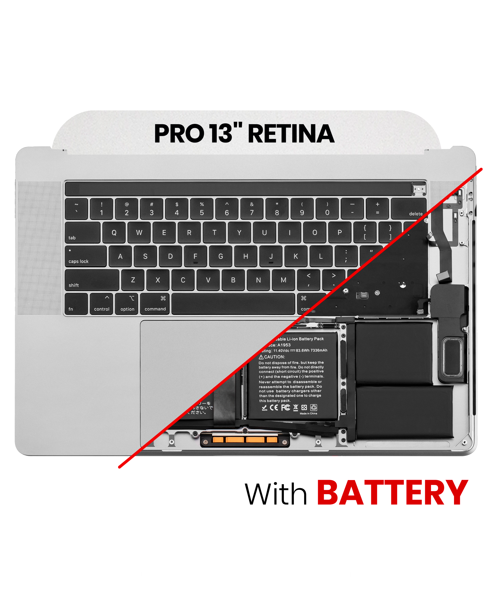 Top Case mit Akku and Keyboard (ANSI US) für MacBook Pro 15" A1990 (2018-2019) (gebrauchter OEM-Ausbau, Qualität A) (Silber)