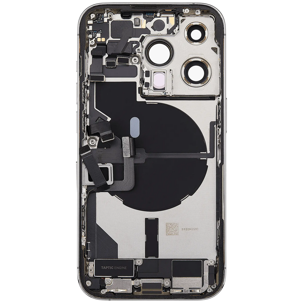 Backcover/Rahmen mit Ladebuchse Flex & Small Parts für iPhone 14 Pro (EU / Global Version) (gebrauchter OEM-Ausbau, Qualität B) (Silber)