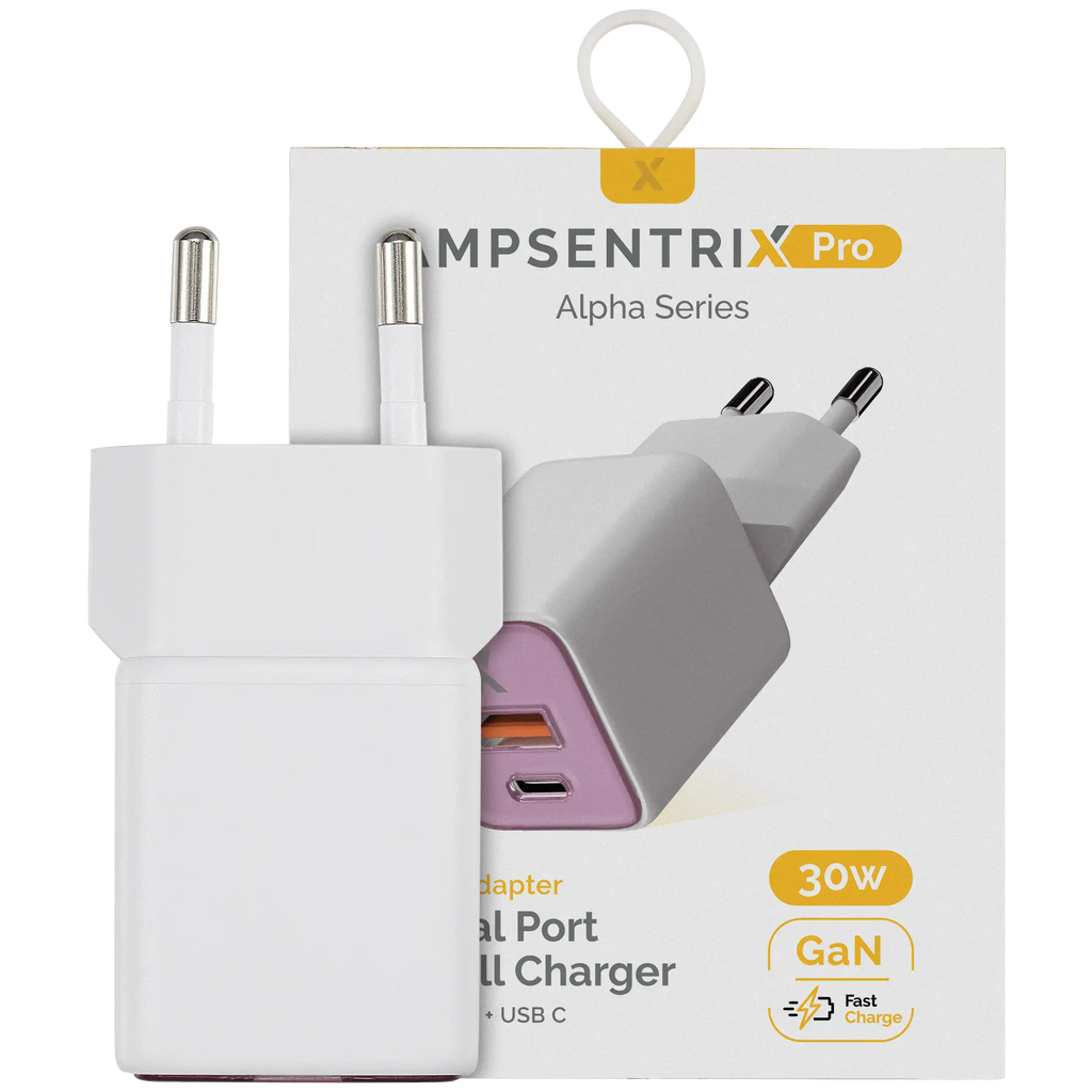 AmpSentrix Pro 30W 2-in-1 USB-C / USB-A GaN Wall Adapter (220V / EU Plug) (Pink)