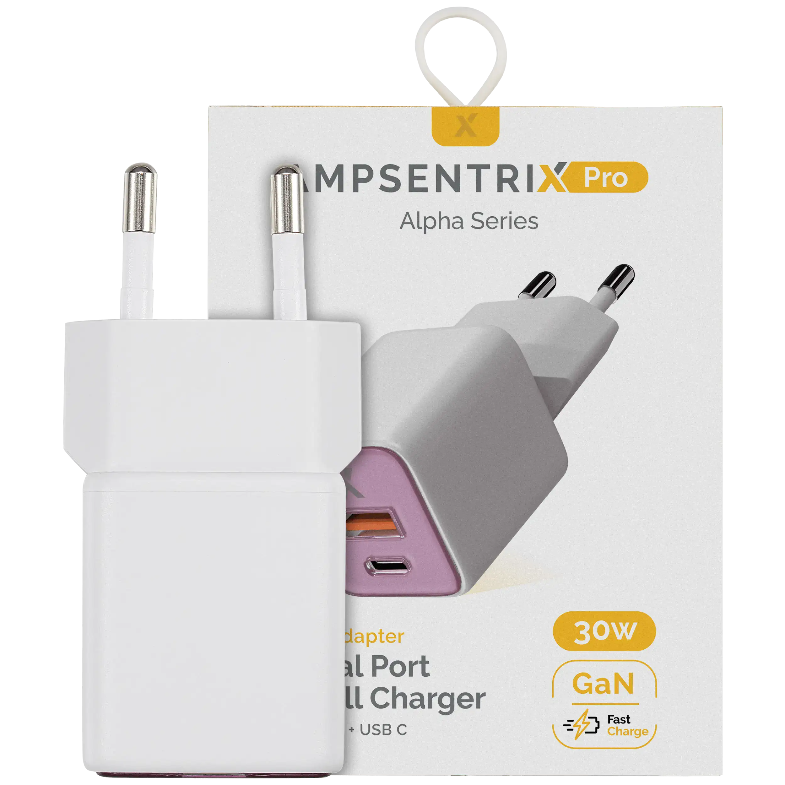 AmpSentrix Pro 30W 2-in-1 USB-C / USB-A GaN Wall Adapter (220V / EU Plug) (Pink)