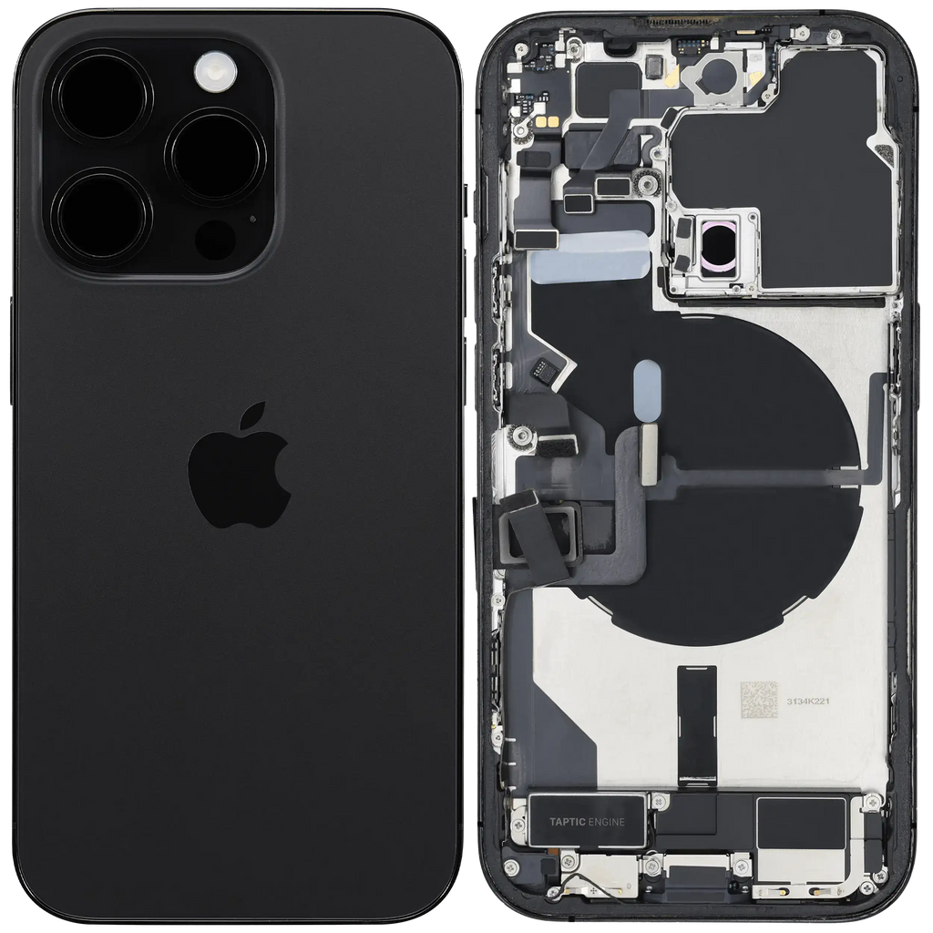Backcover/Rahmen mit Ladebuchse Flex & Small Parts für iPhone 14 Pro (EU / Global Version) (gebrauchter OEM-Ausbau, Qualität B) (Space Schwarz)