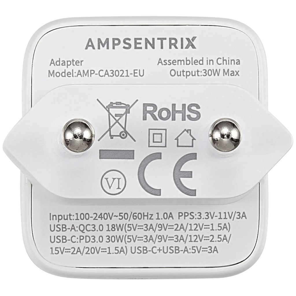 AmpSentrix Pro 30W 2-in-1 USB-C / USB-A GaN Wall Adapter (220V / EU Plug) (Pink)