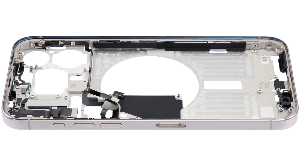 Midframe/Rahmen mit Small Parts für iPhone 15 Pro Max (EU / Global Version) (gebrauchter OEM-Ausbau, Qualität C) (Weiß Titanium)