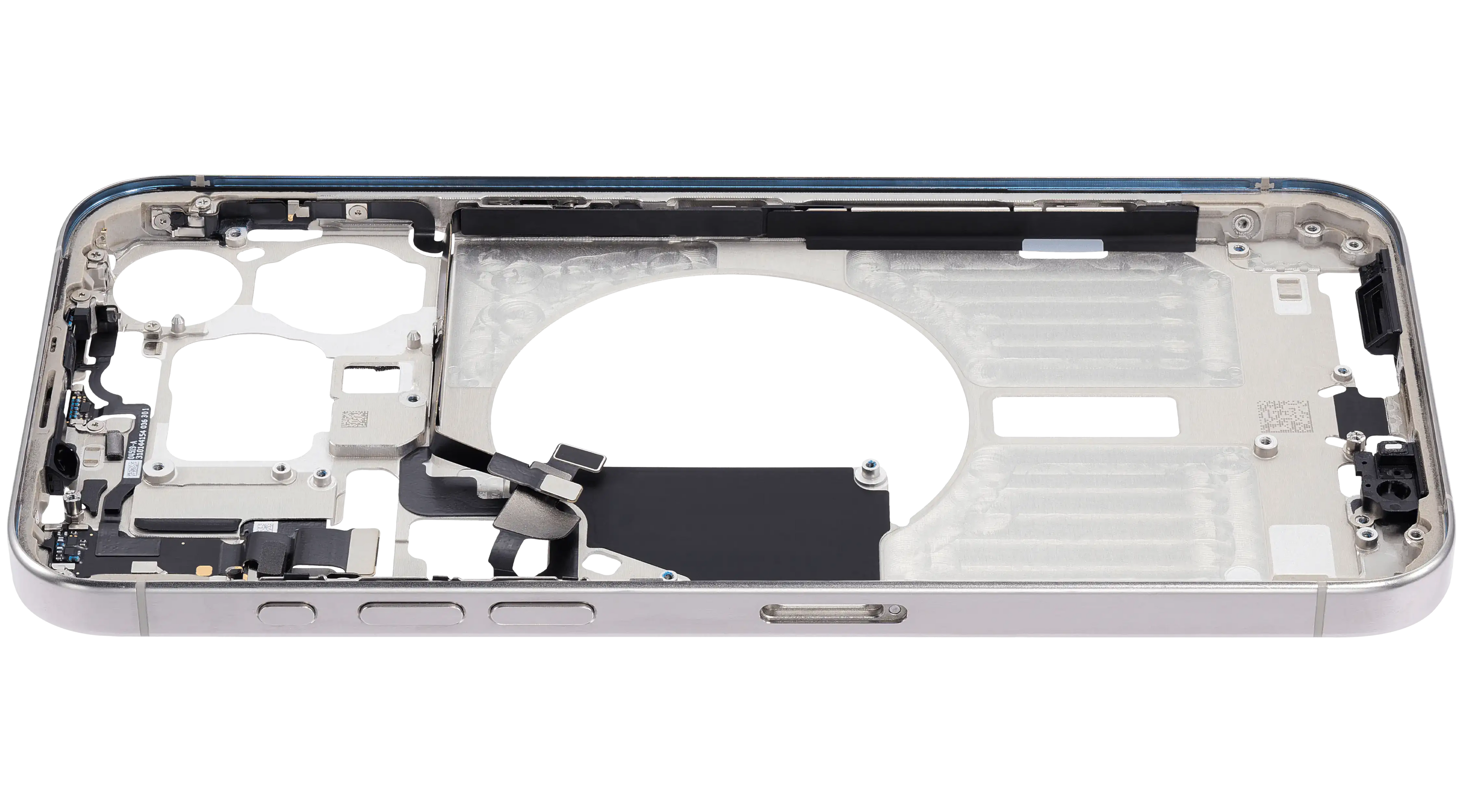 Midframe/Rahmen mit Small Parts für iPhone 15 Pro Max (EU / Global Version) (gebrauchter OEM-Ausbau, Qualität C) (Weiß Titanium)