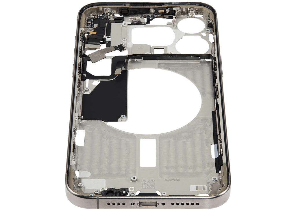 Midframe/Rahmen mit Small Parts für iPhone 15 Pro Max (EU / Global Version) (gebrauchter OEM-Ausbau, Qualität B) (Natural Titanium)