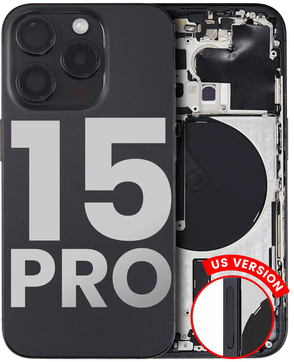 Backcover/Rahmen mit Small Parts für iPhone 15 Pro (US-Version) (gebrauchter OEM-Ausbau, Qualität B) (Schwarz Titanium)
