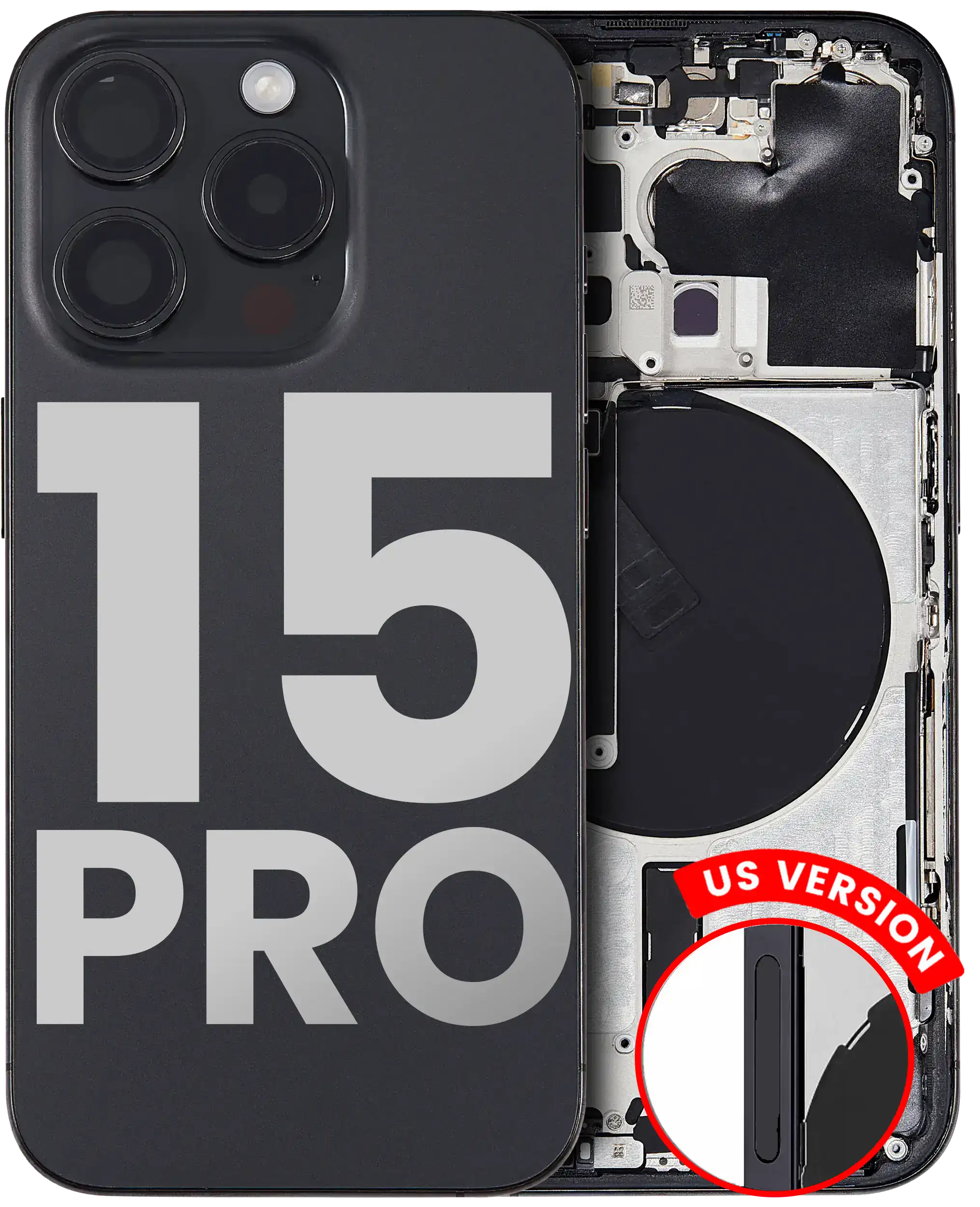 Backcover/Rahmen mit Small Parts für iPhone 15 Pro (US-Version) (gebrauchter OEM-Ausbau, Qualität B) (Schwarz Titanium)