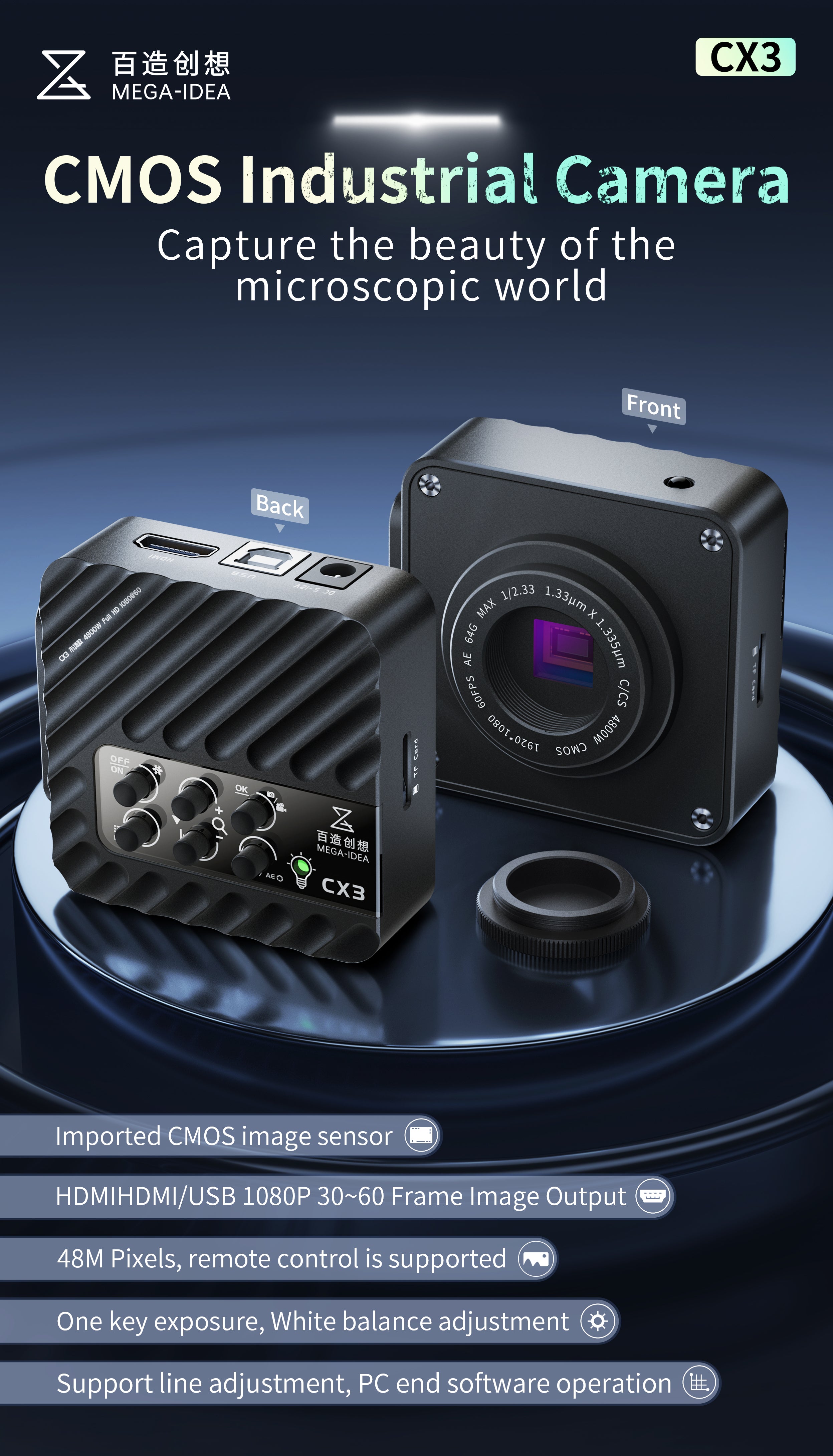 CX3 CMOS Industrial Microscope Camera for C and CS Mounts (110V-220V US Plug) Qianli