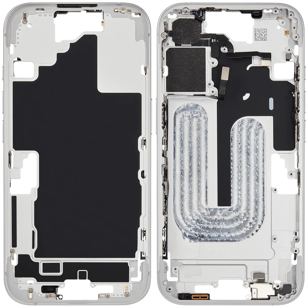 Midframe/Rahmen mit Small Parts für iPhone 16 (EU / Global Version) (gebrauchter OEM-Ausbau, Qualität B) (Weiß)