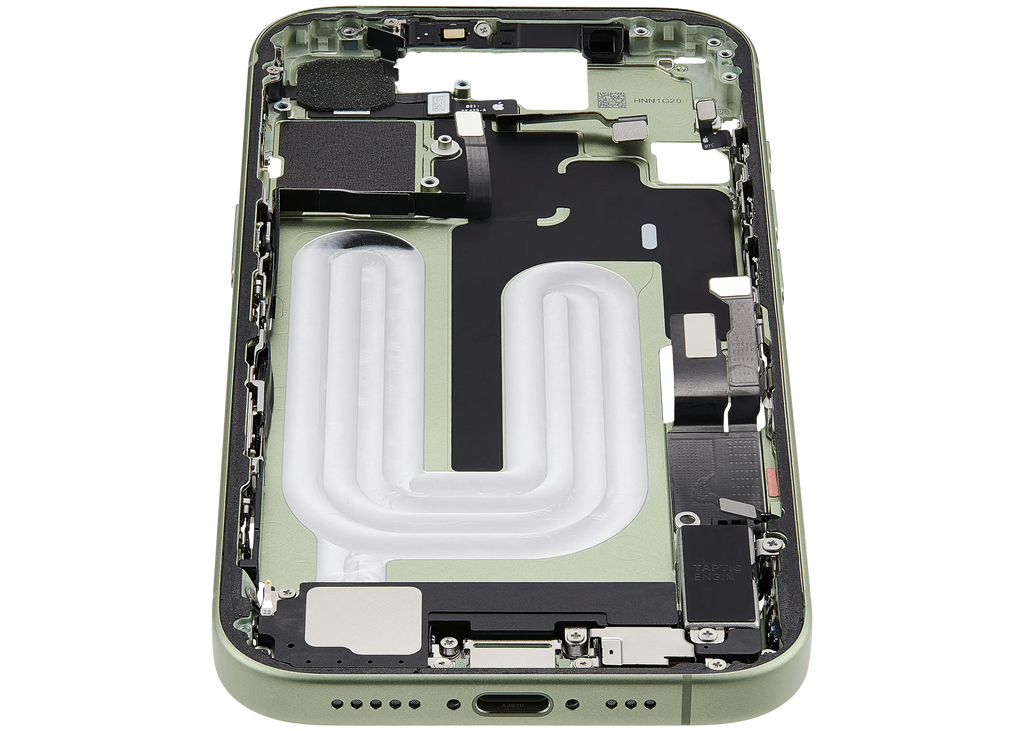 Midframe/Rahmen mit Ladebuchse Flex & Small Parts für iPhone 17 (EU / Global Version) (gebrauchter OEM-Ausbau, Qualität B) (Sage)