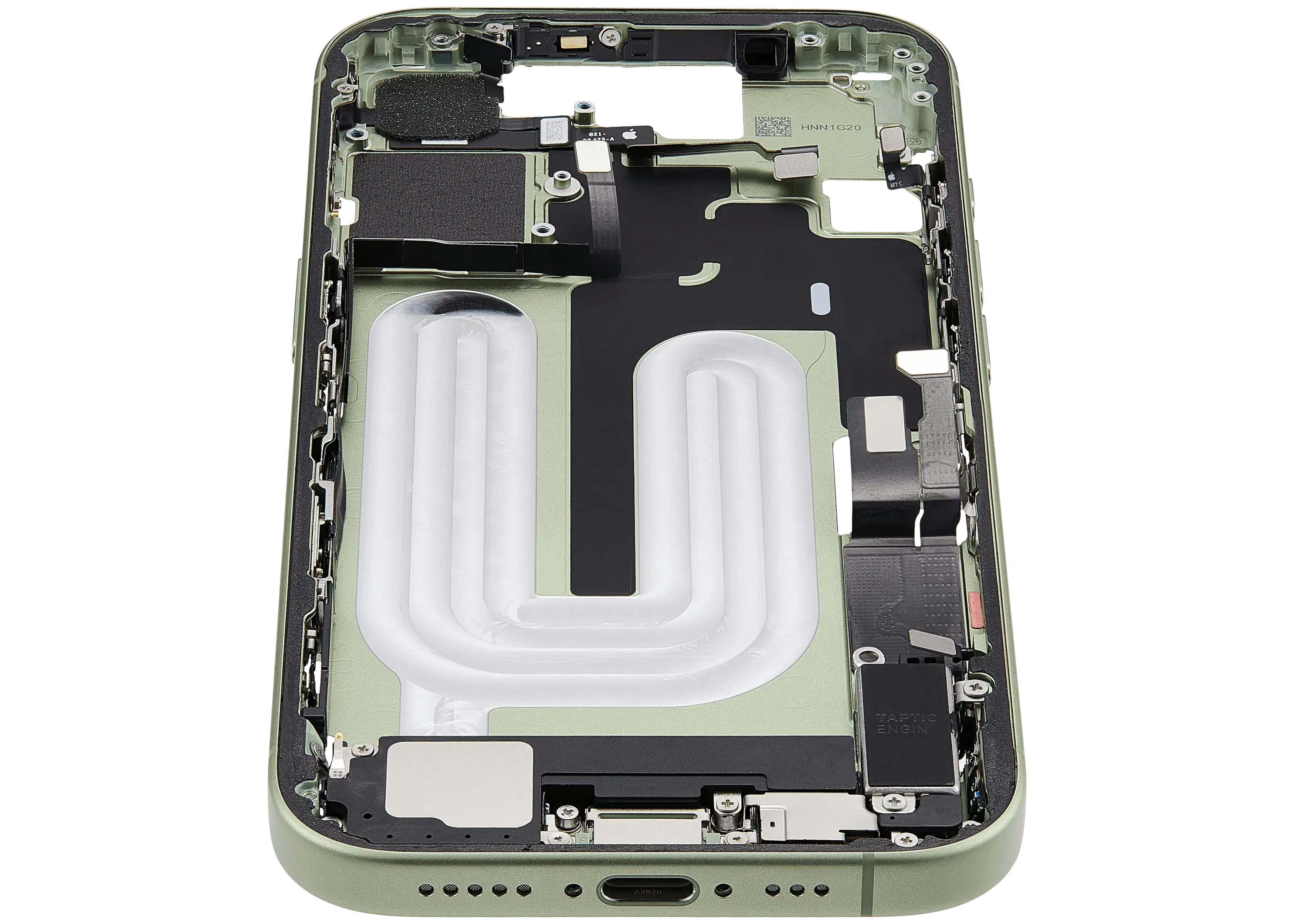 Midframe/Rahmen mit Ladebuchse Flex & Small Parts für iPhone 17 (EU / Global Version) (gebrauchter OEM-Ausbau, Qualität B) (Sage)
