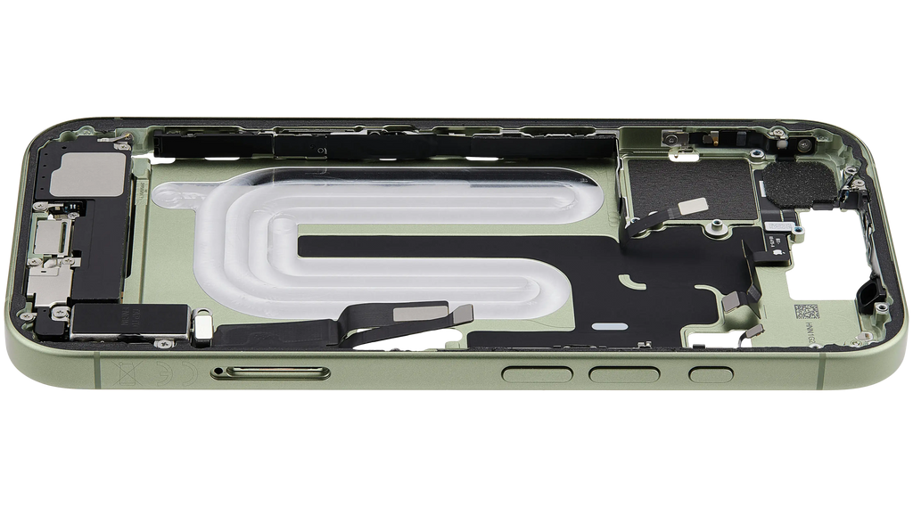 Midframe/Rahmen mit Ladebuchse Flex & Small Parts für iPhone 17 (EU / Global Version) (gebrauchter OEM-Ausbau, Qualität C) (Sage)
