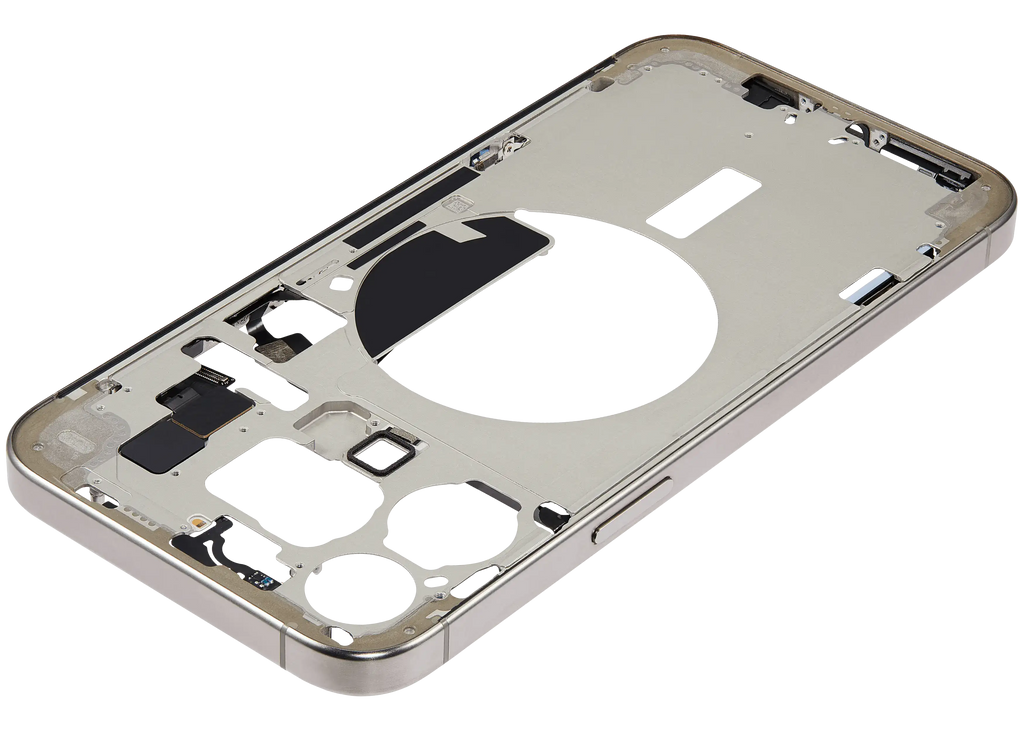Midframe/Rahmen mit Small Parts für iPhone 15 Pro Max (EU / Global Version) (gebrauchter OEM-Ausbau, Qualität B) (Natural Titanium)