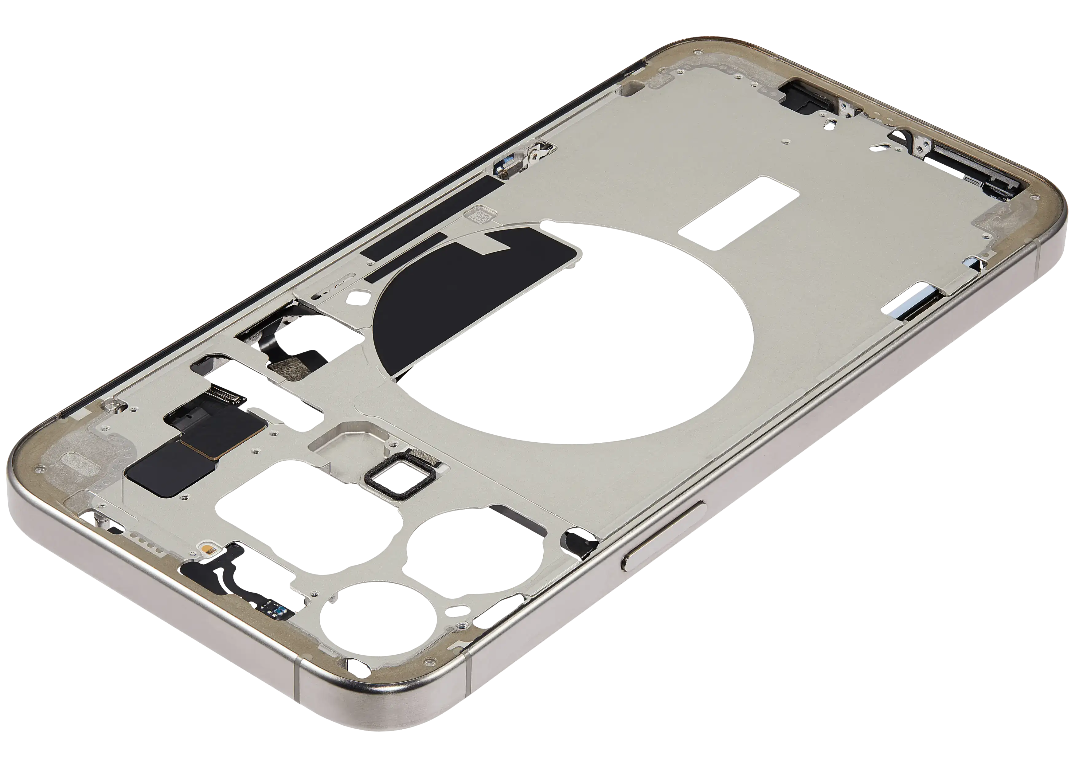 Midframe/Rahmen mit Small Parts für iPhone 15 Pro Max (EU / Global Version) (gebrauchter OEM-Ausbau, Qualität B) (Natural Titanium)