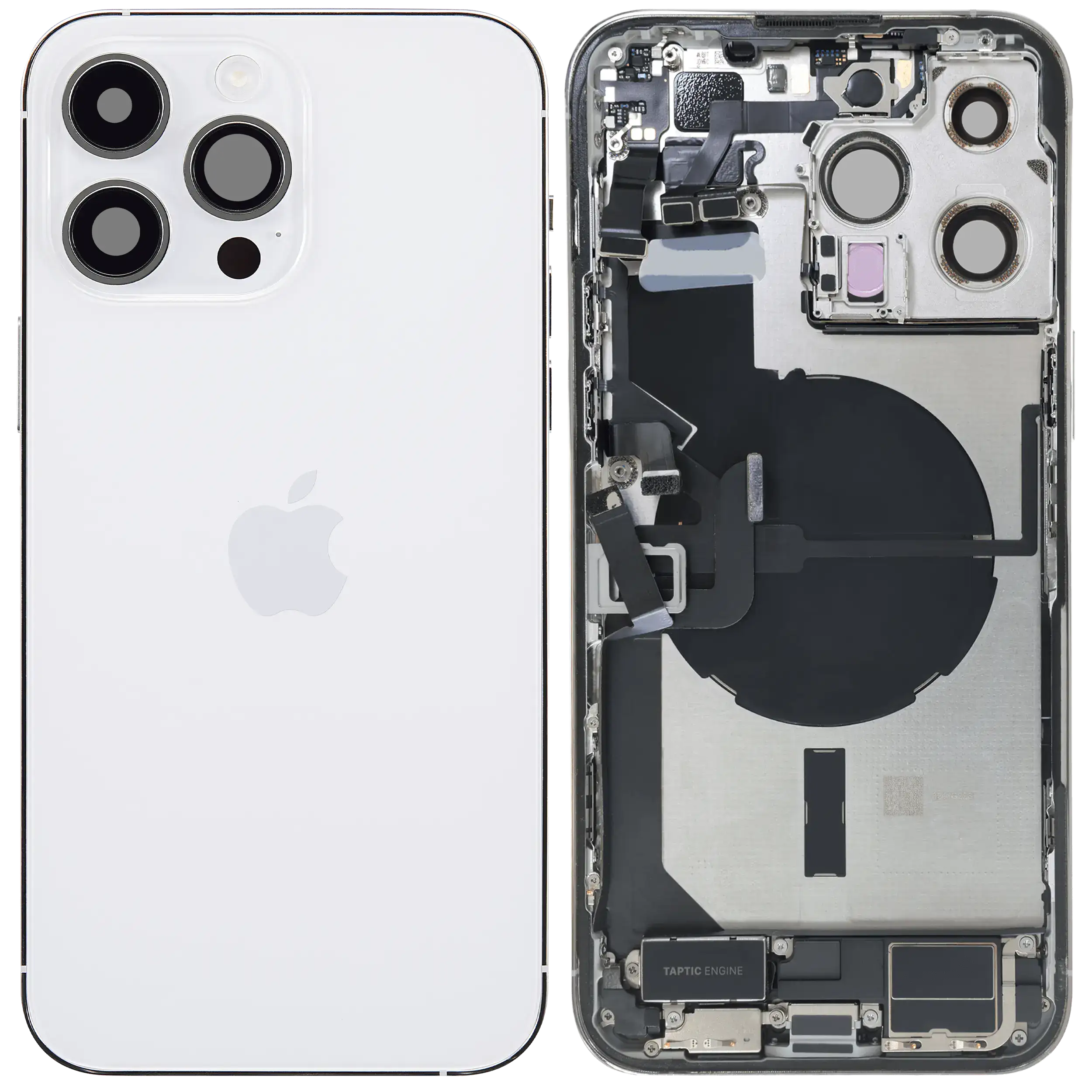 Backcover/Rahmen mit Ladebuchse Flex & Small Parts für iPhone 14 Pro Max (EU / Global Version) (gebrauchter OEM-Ausbau, Qualität B) (Silber)