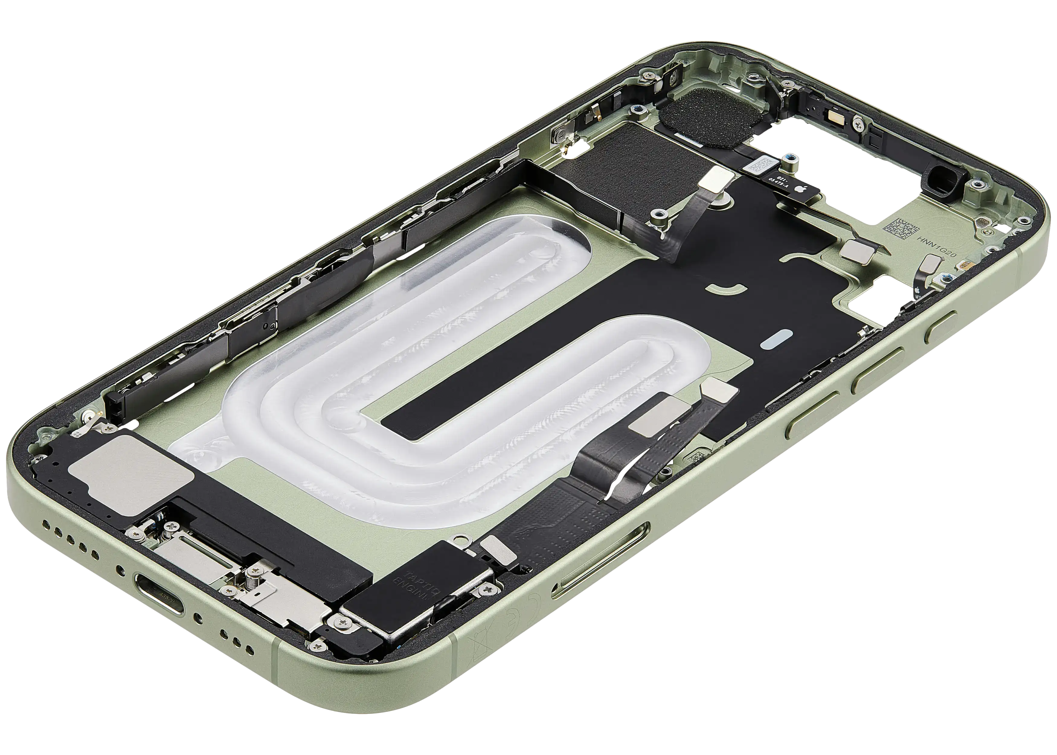 Midframe/Rahmen mit Ladebuchse Flex & Small Parts für iPhone 17 (EU / Global Version) (gebrauchter OEM-Ausbau, Qualität A) (Sage)