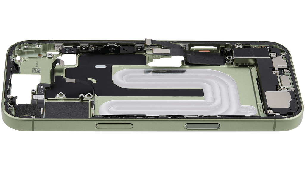 Midframe/Rahmen mit Ladebuchse Flex & Small Parts für iPhone 17 (EU / Global Version) (gebrauchter OEM-Ausbau, Qualität C) (Sage)