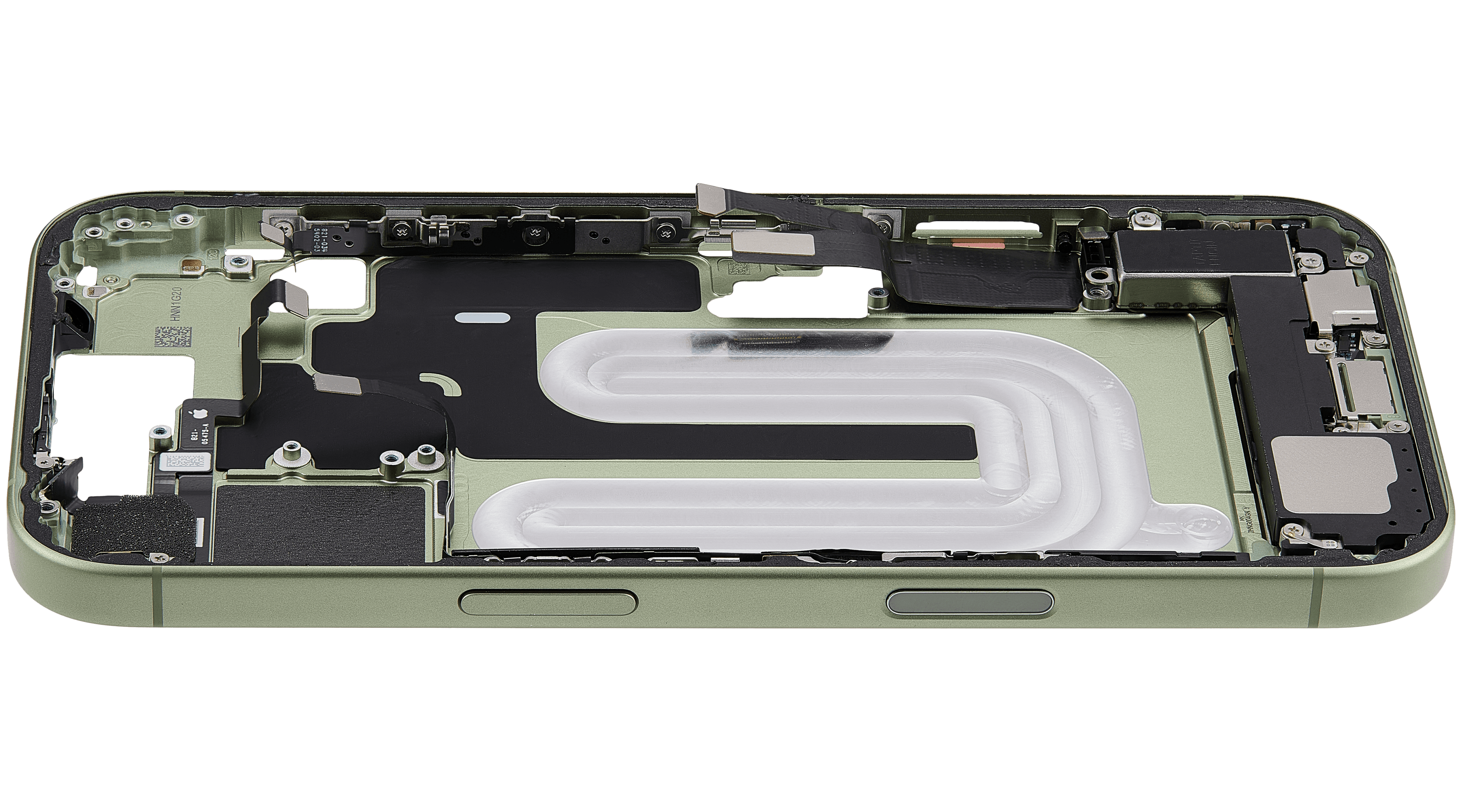 Midframe/Rahmen mit Ladebuchse Flex & Small Parts für iPhone 17 (EU / Global Version) (gebrauchter OEM-Ausbau, Qualität C) (Sage)