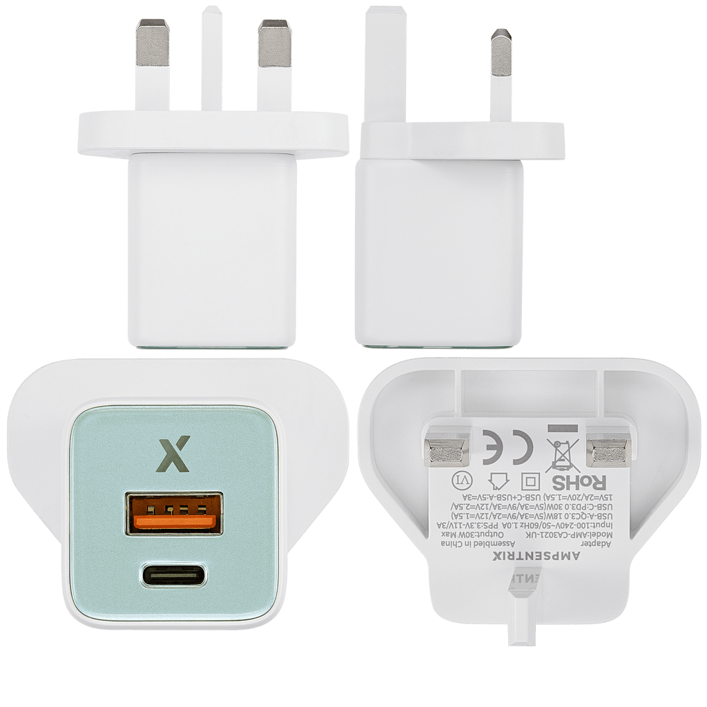 AmpSentrix 30W 2-in-1 USB-C / USB-A Wall Adapter (220V / UK Plug) (Teal)