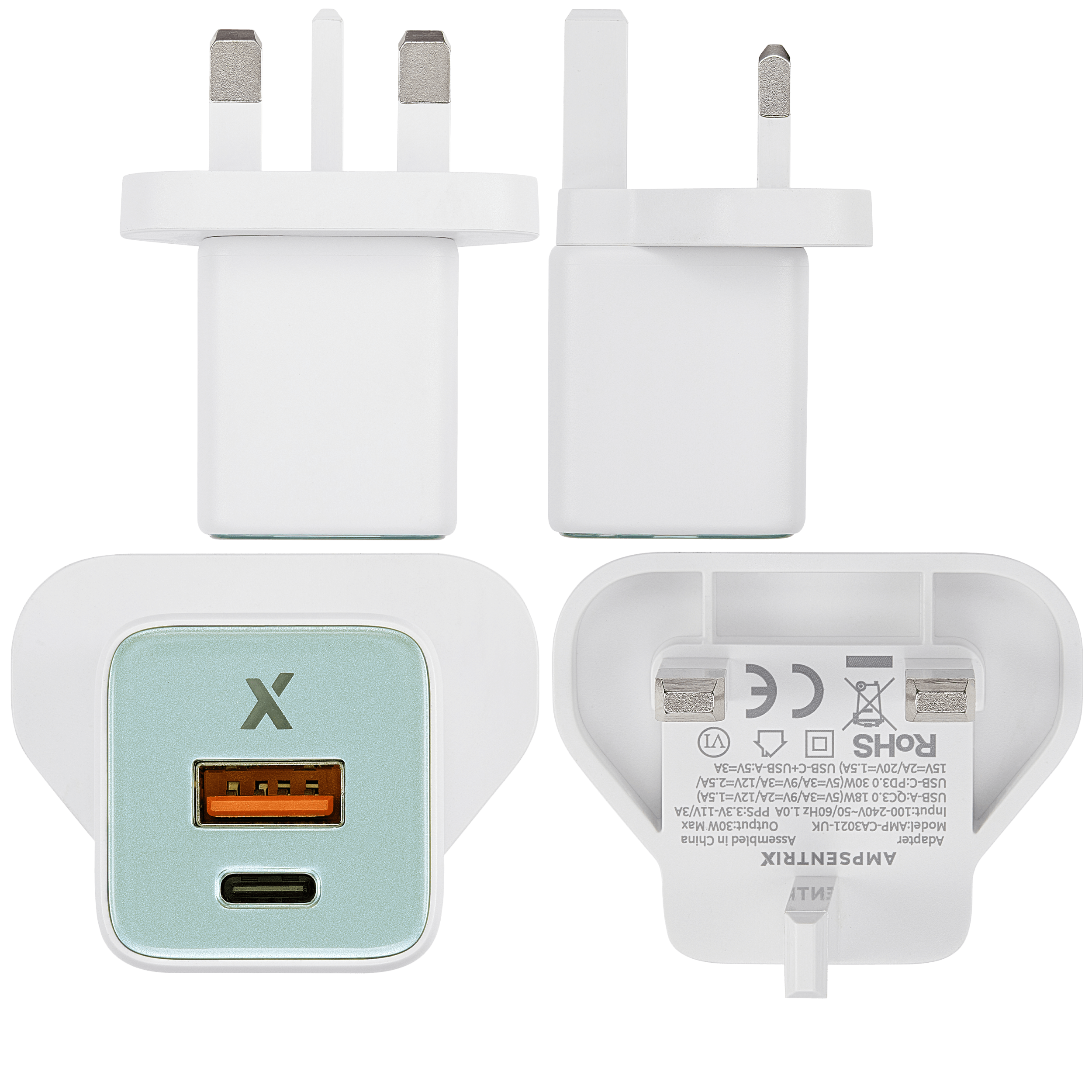 AmpSentrix 30W 2-in-1 USB-C / USB-A Wall Adapter (220V / UK Plug) (Teal)