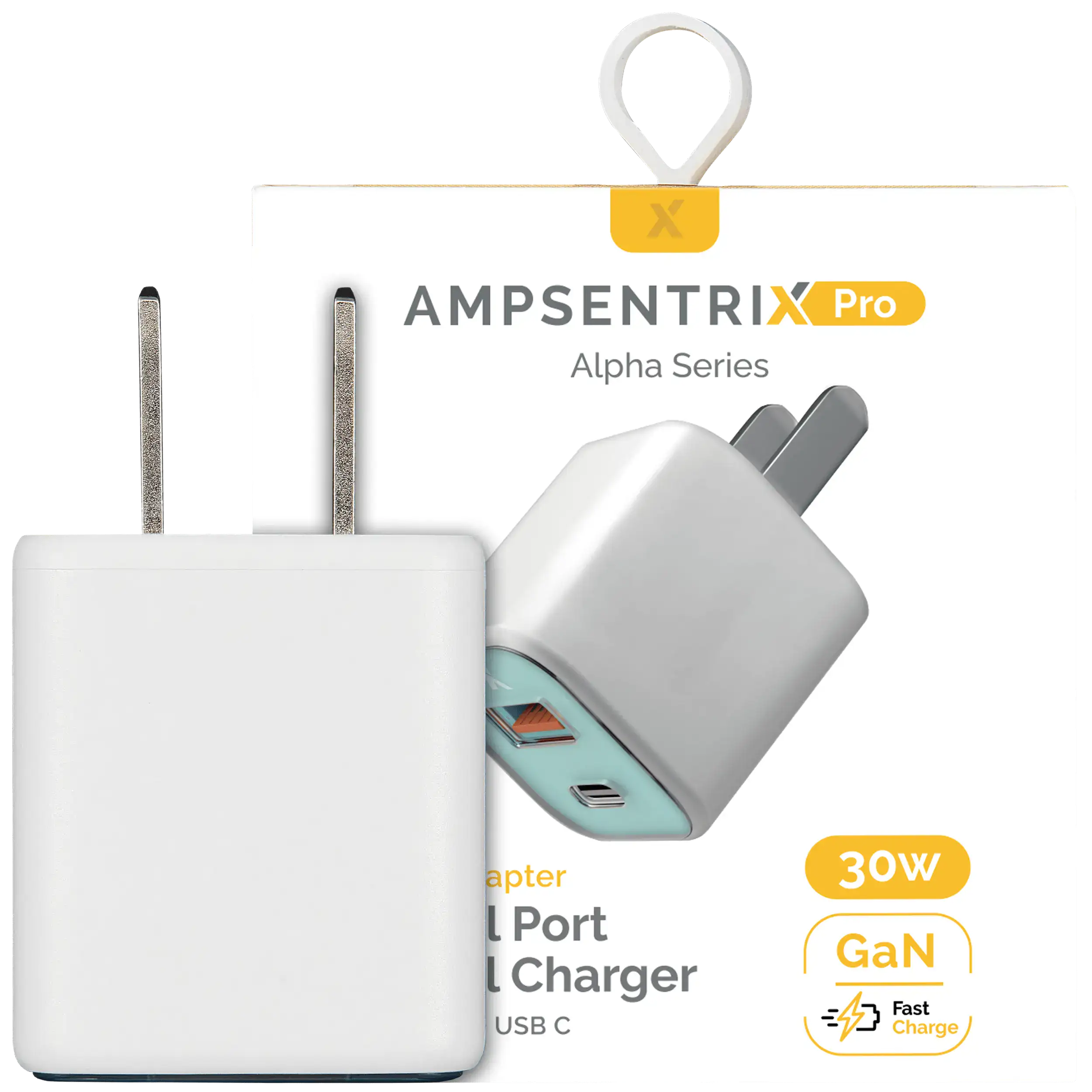 AmpSentrix Pro 30W 2-in-1 USB-C / USB-A GaN Wall Adapter (Teal)
