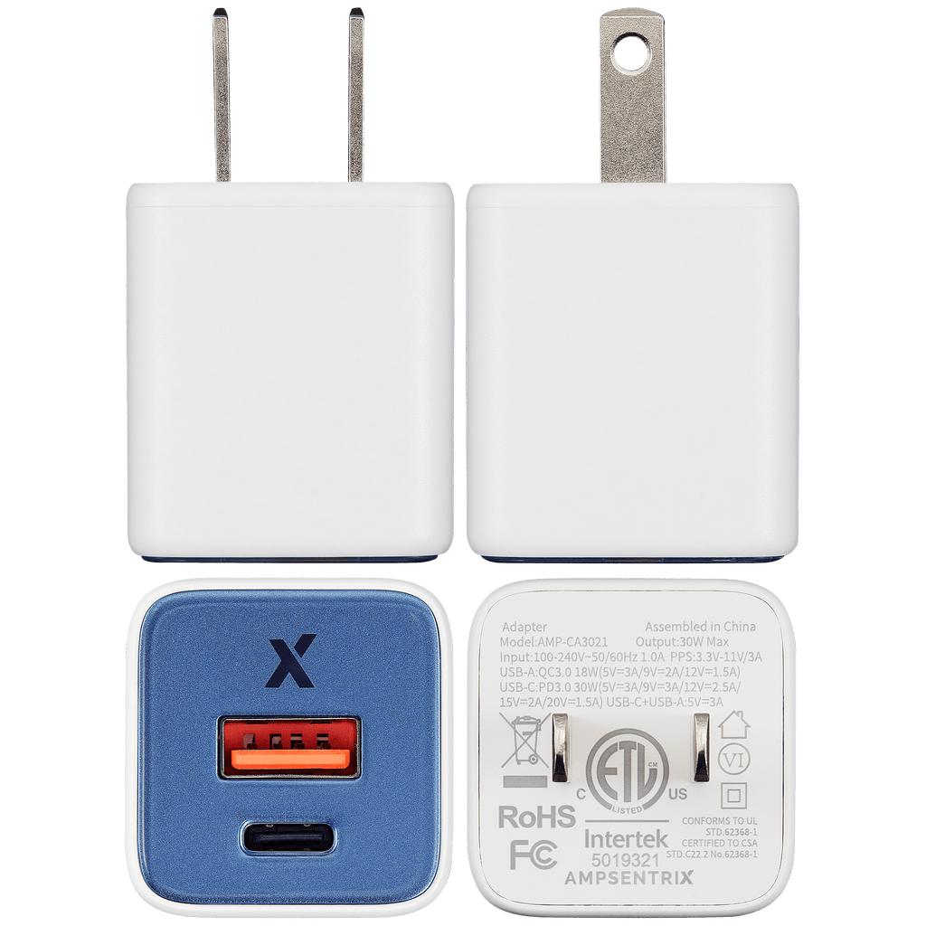 AmpSentrix Pro 30W 2-in-1 USB-C / USB-A GaN Wall Adapter (Ultramarine)