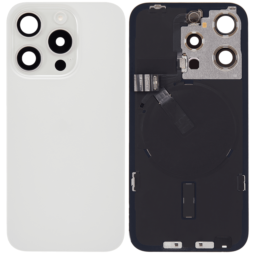 Backcover mit MagSafe Magnet & NFC & Blitz-Flexkabel für iPhone 15 Pro (gebrauchter OEM-Ausbau, Qualität C) (Weiß Titanium)