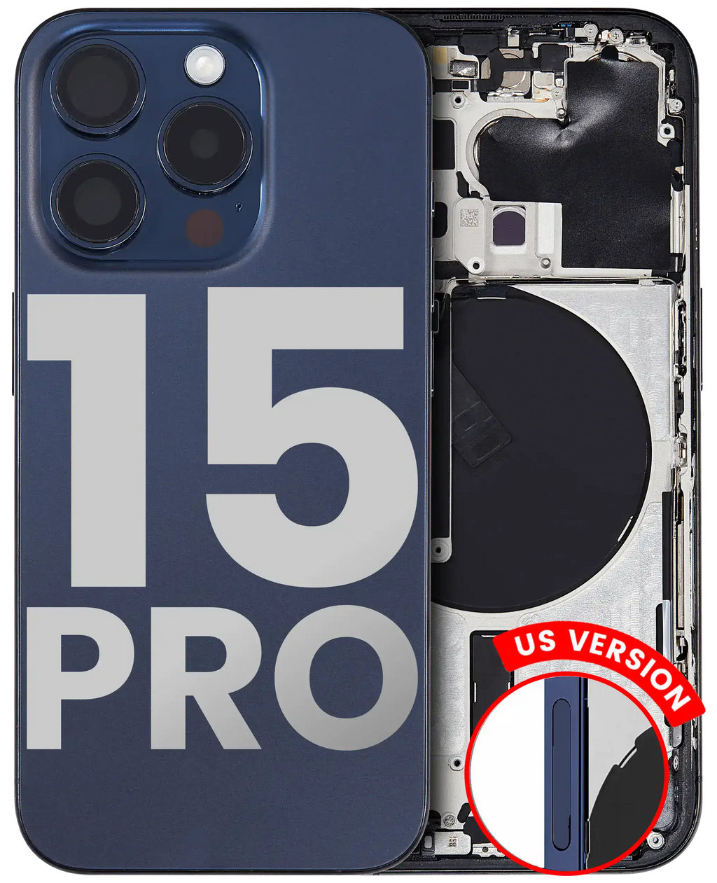 Backcover/Rahmen mit Small Parts für iPhone 15 Pro (US-Version) (gebrauchter OEM-Ausbau, Qualität B) (Blau Titanium)