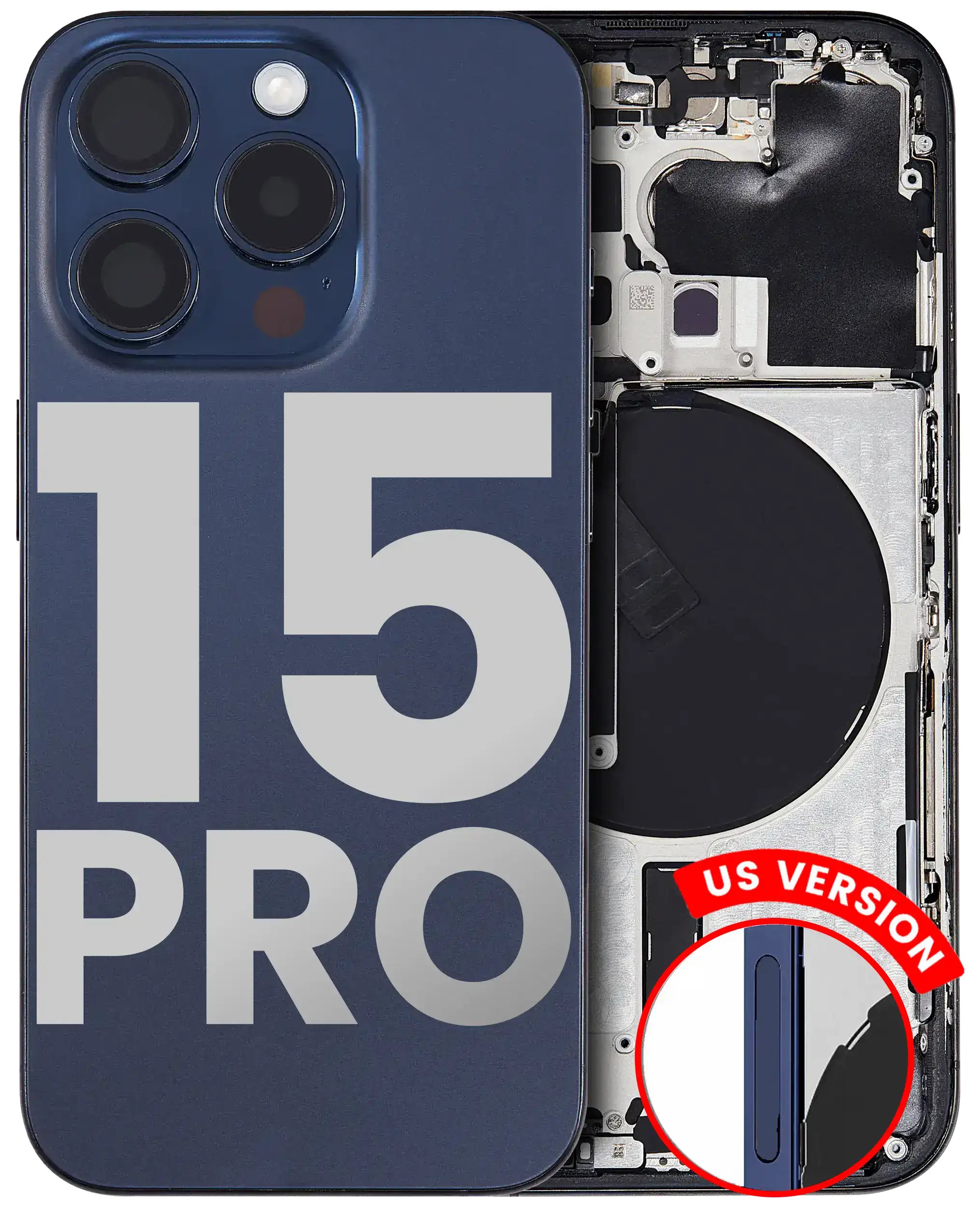 Backcover/Rahmen mit Small Parts für iPhone 15 Pro (US-Version) (gebrauchter OEM-Ausbau, Qualität B) (Blau Titanium)