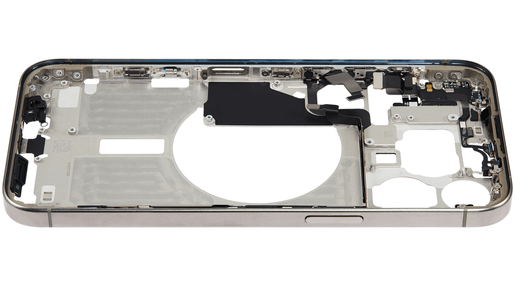 Midframe/Rahmen mit Small Parts für iPhone 15 Pro Max (EU / Global Version) (gebrauchter OEM-Ausbau, Qualität B) (Natural Titanium)